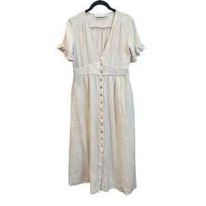 Petal + Pup Linen Midi Dress Beige Oatmeal Button Front V-Neck Ruffle Sleeve 6